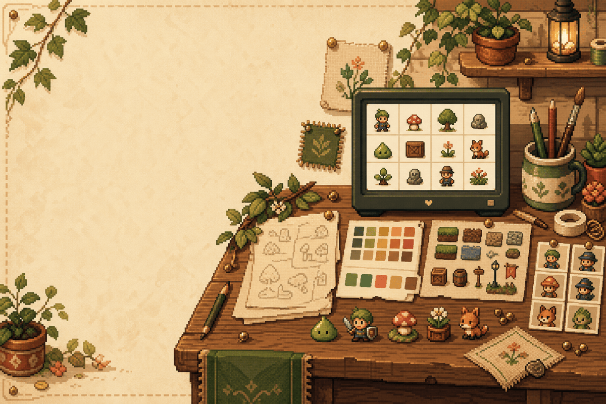 Pixel art workbench with sprite previews, palette swatches, and export notes