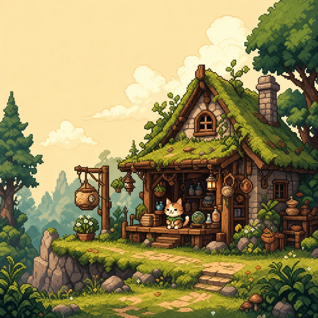 Cozy forest pixel art workshop scene for Palettely